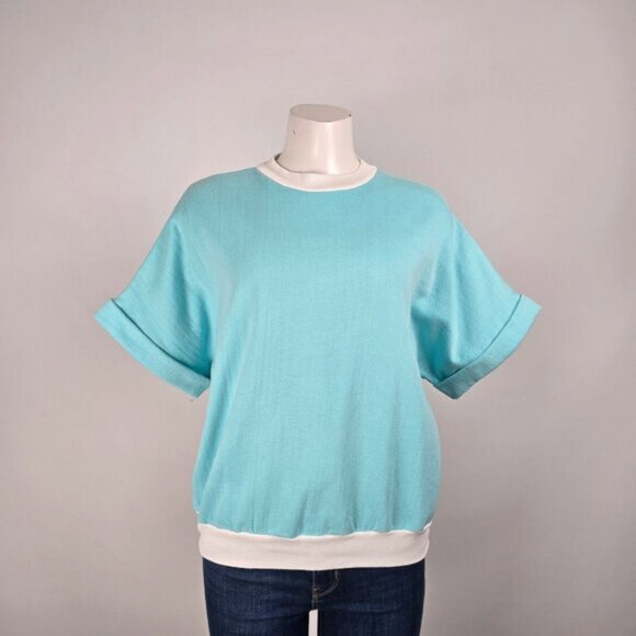 Vintage Tops - Vintage Royal Knit Wear Cotton Blue Short Sleeve Sweatshirt Size L